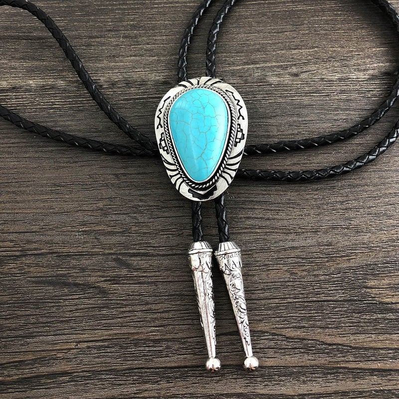 QUKE Native Western Blue Natural Turquoise Stone Bolo Tie Handmade Genunie Leather For Men Women - Image 3